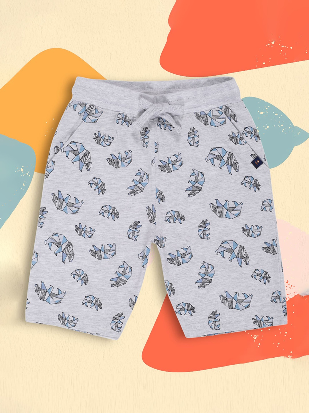 

3PIN Boys Mid-Rise Tropical Printed Cotton Outdoor Shorts, Grey melange