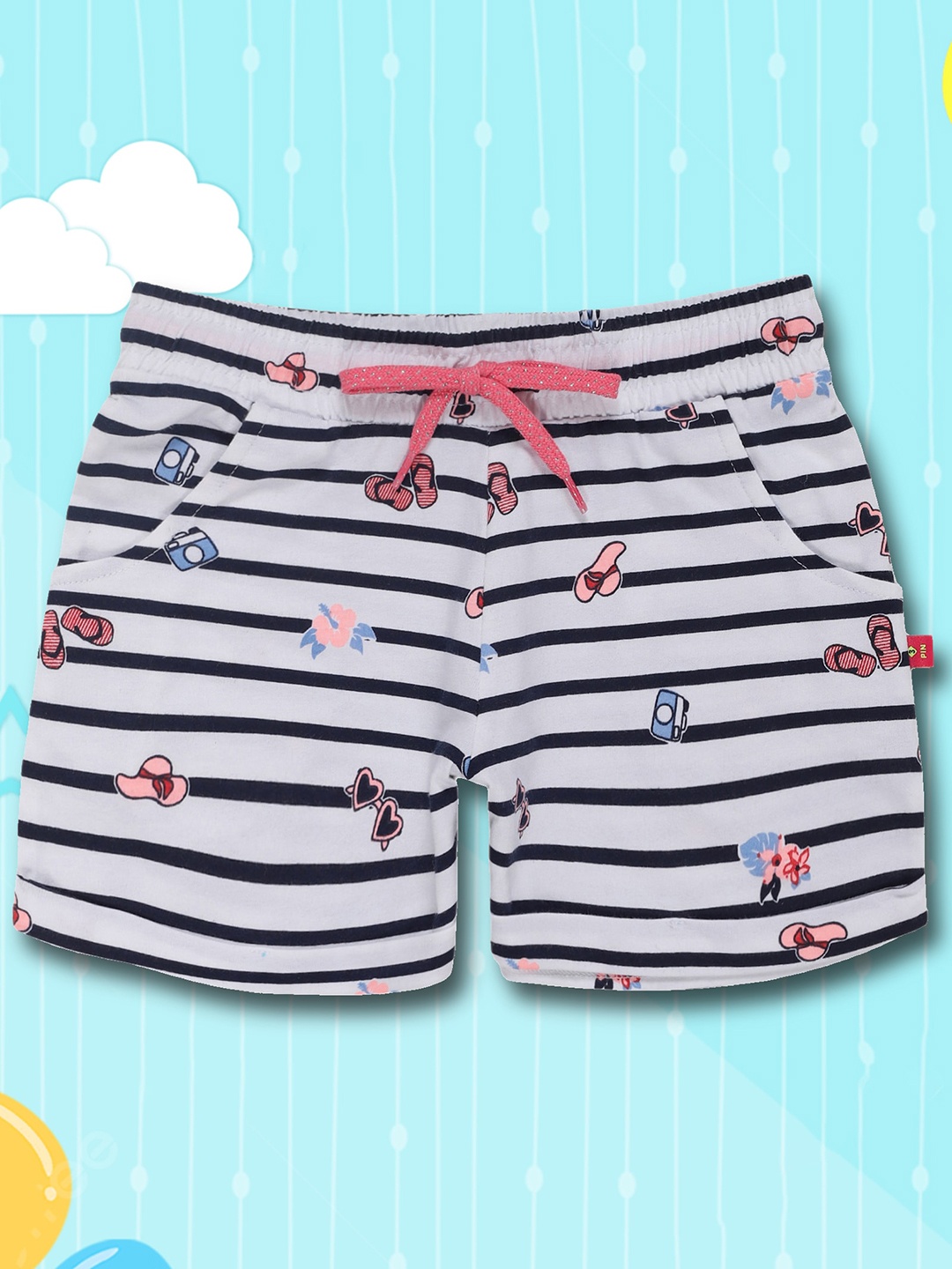 

3PIN Girls Mid-Rise Striped Cotton Outdoor Shorts, White