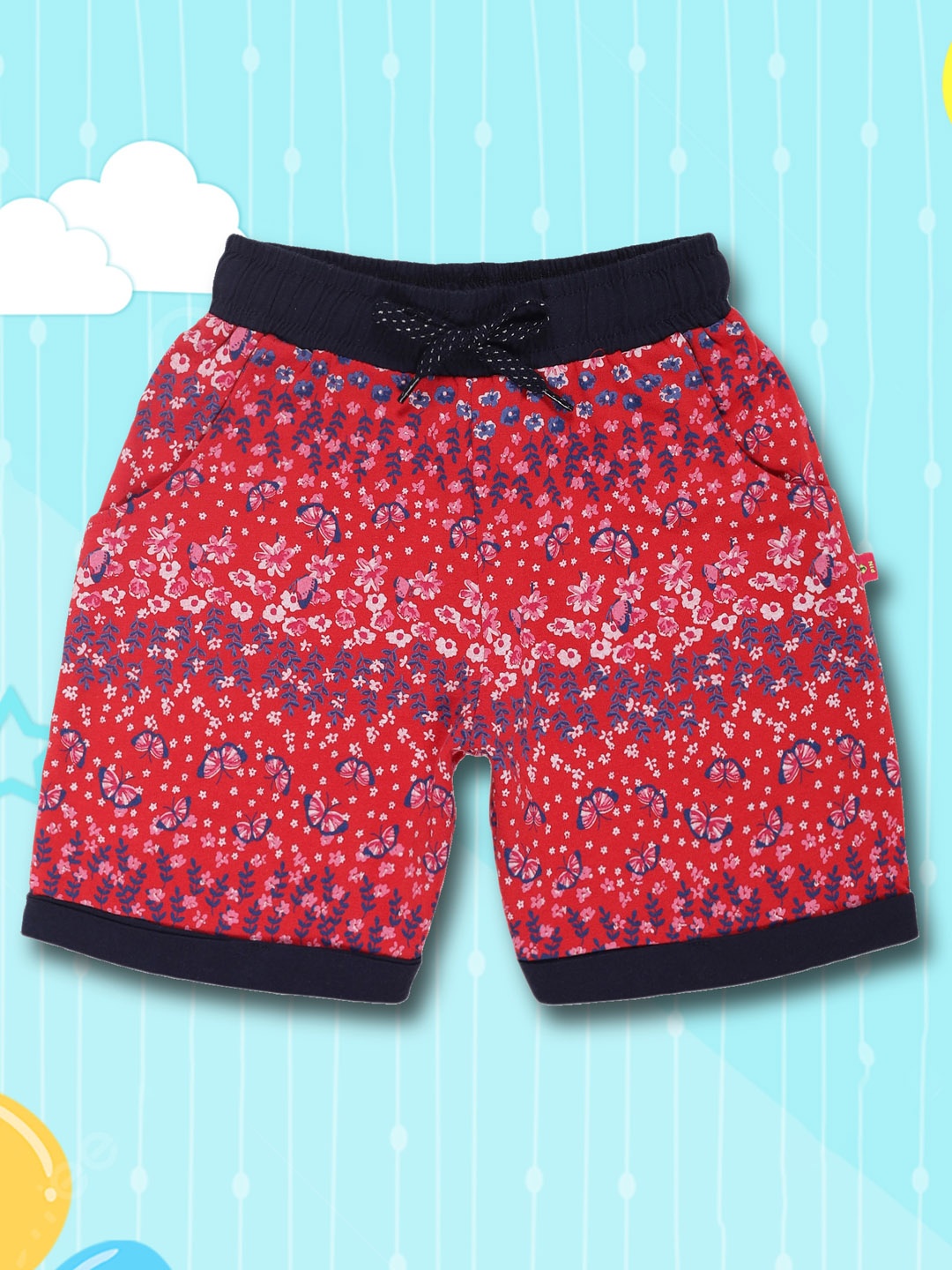 

3PIN Girls Mid-Rise Floral Printed Cotton Outdoor Shorts, Red
