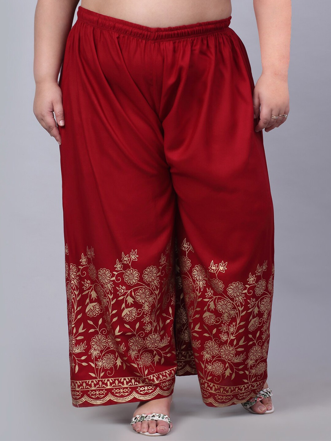 

Trend Level Plus Size Floral Hem Design Flared Palazzos, Maroon