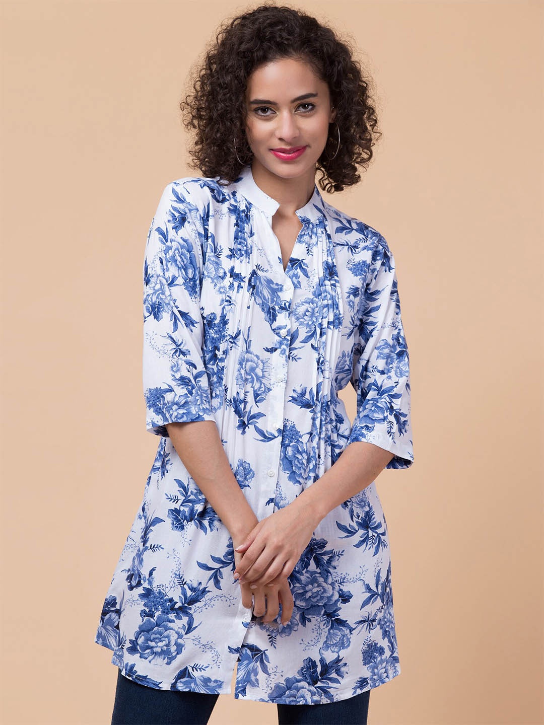 

Hive91 Floral Printed Mandarin Collar Tunic, Blue