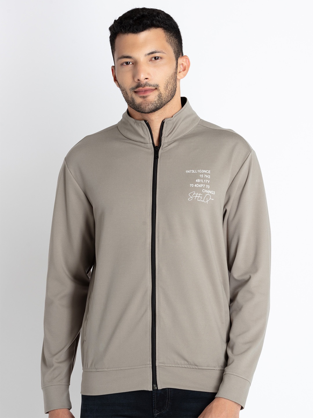 

Status Quo Mock Collar Front Open Sweatshirt, Beige