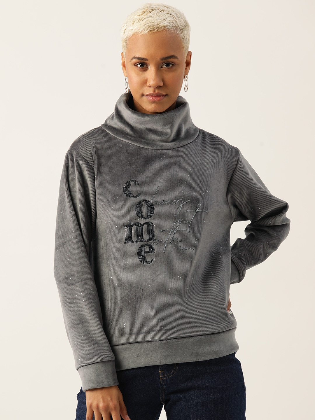 

Monte Carlo Women Velvet Embroidered Sweatshirt, Grey