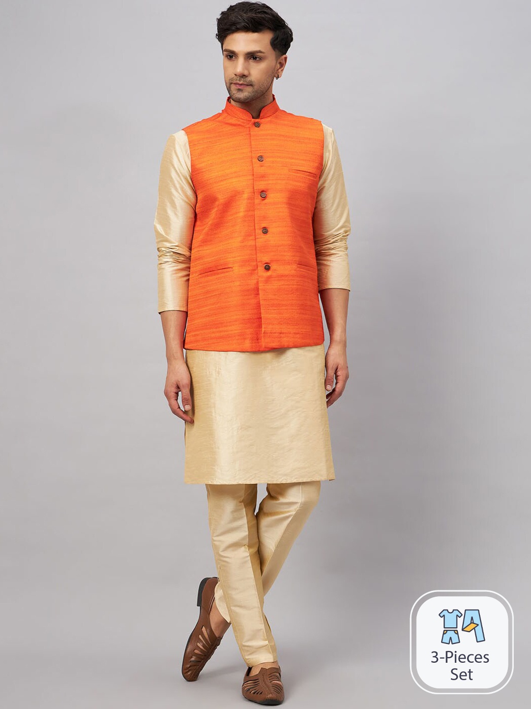 

VASTRAMAY Mandarin Collar Straight Kurta With Churidar & Woven Design Nehru Jacket, Gold