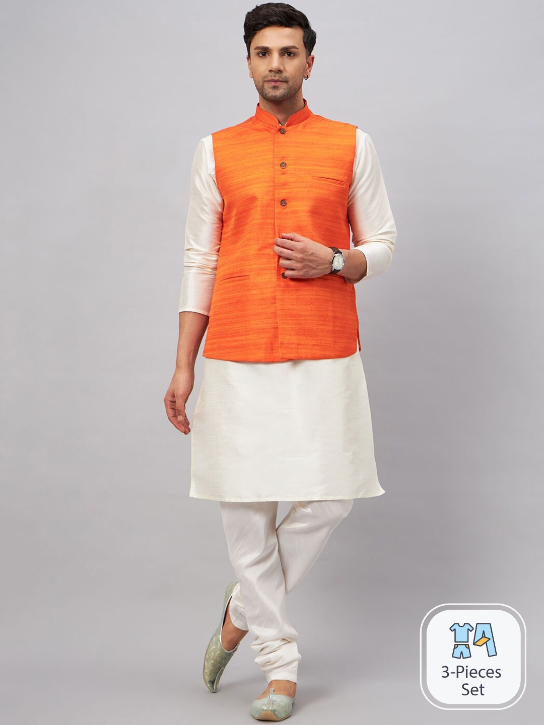 

VASTRAMAY Mandarin Collar Kurta with Churidar & Nehru Jacket, Cream