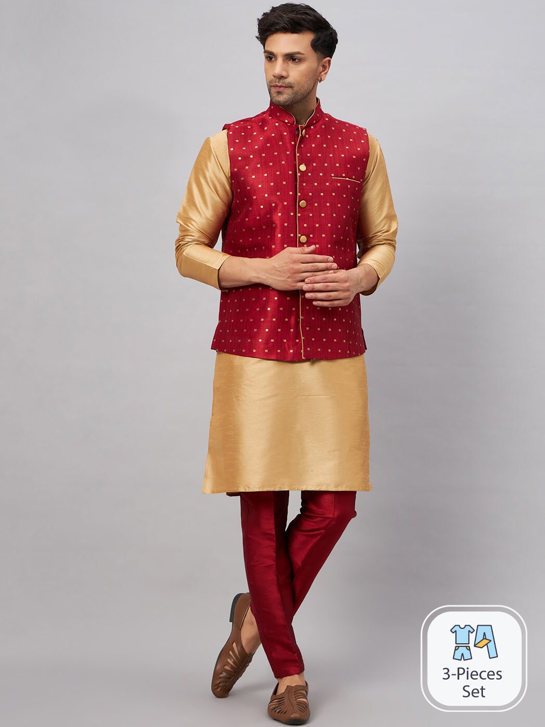 

VASTRAMAY Mandarin Collar Kurta with Churidar & Nehru Jacket, Maroon