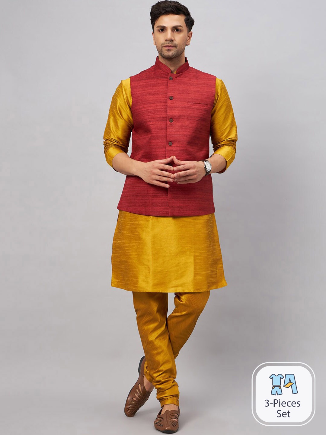 

VASTRAMAY Mandarin Collar Straight Kurta With Churidar & Woven Design Nehru Jacket, Mustard