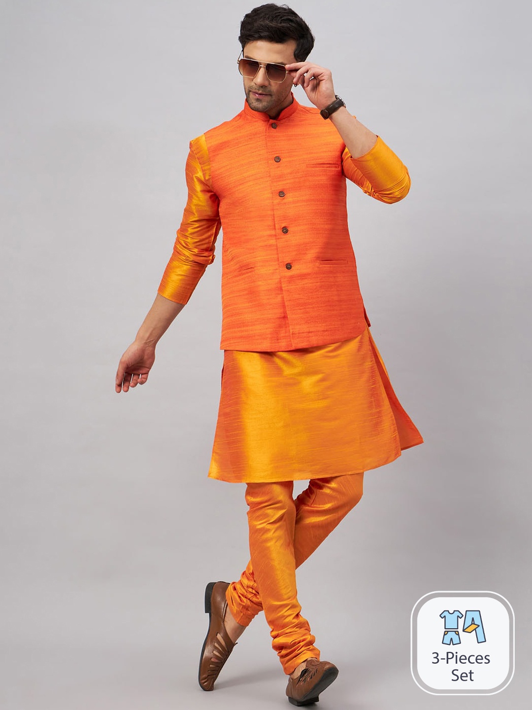 

VASTRAMAY Mandarin Collar Straight Kurta With Churidar & Woven Design Nehru Jacket, Orange