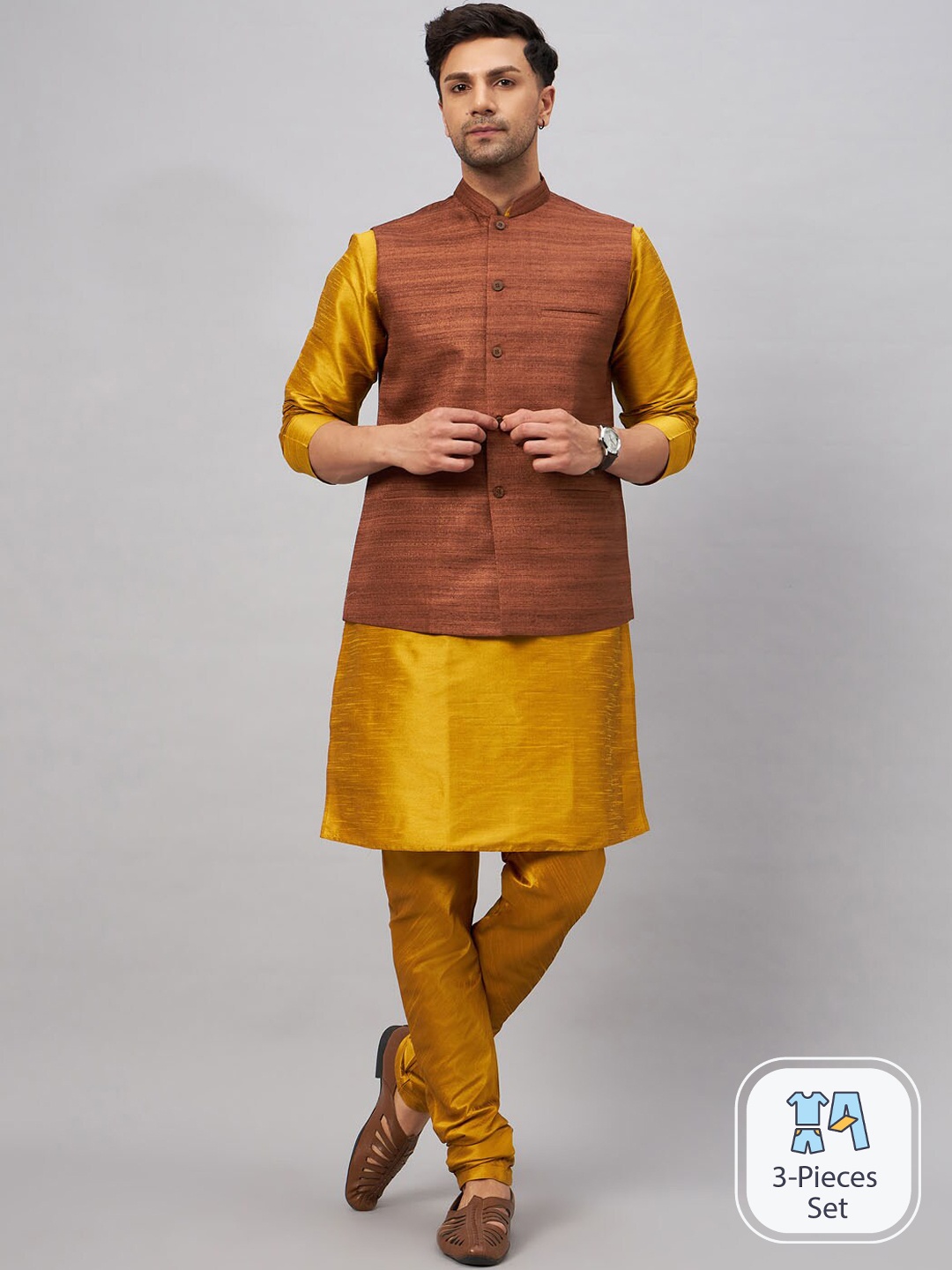 

VASTRAMAY Mandarin Collar Straight Kurta With Churidar & Woven Design Nehru Jacket, Coffee brown