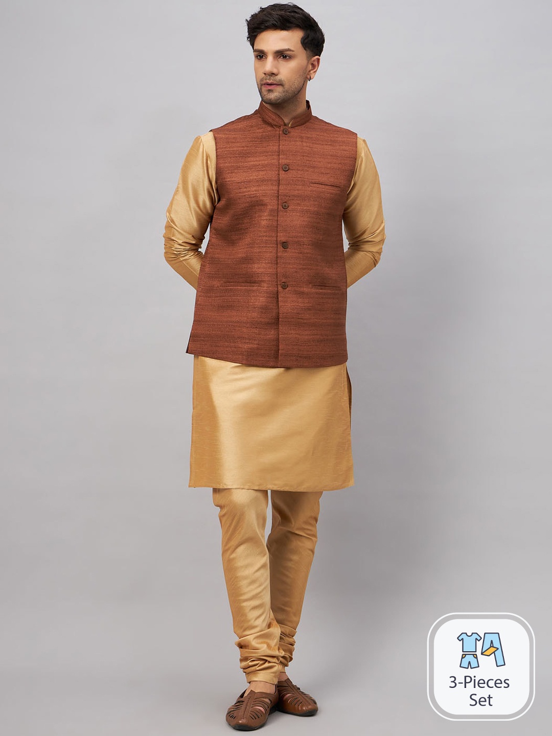 

VASTRAMAY Mandarin Collar Kurta with Churidar & Nehru Jacket, Gold