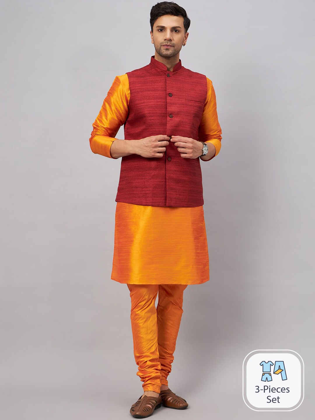 

VASTRAMAY Mandarin Collar Straight Kurta With Churidar & Woven Design Nehru Jacket, Orange