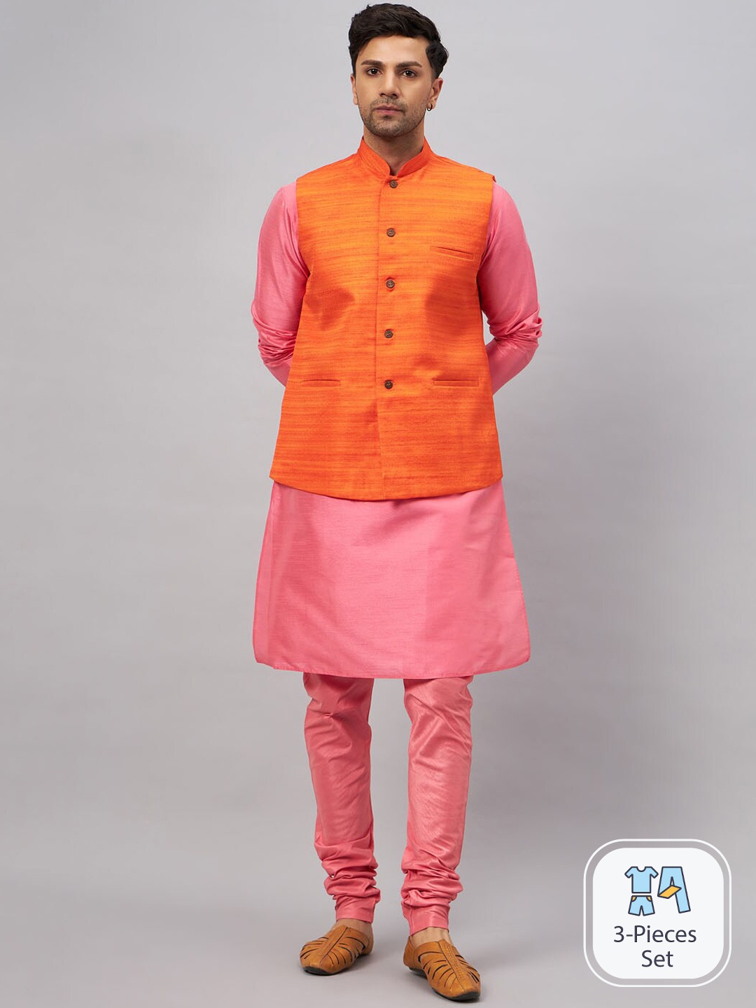 

VASTRAMAY Mandarin Collar Straight Kurta With Churidar & Woven Design Nehru Jacket, Pink