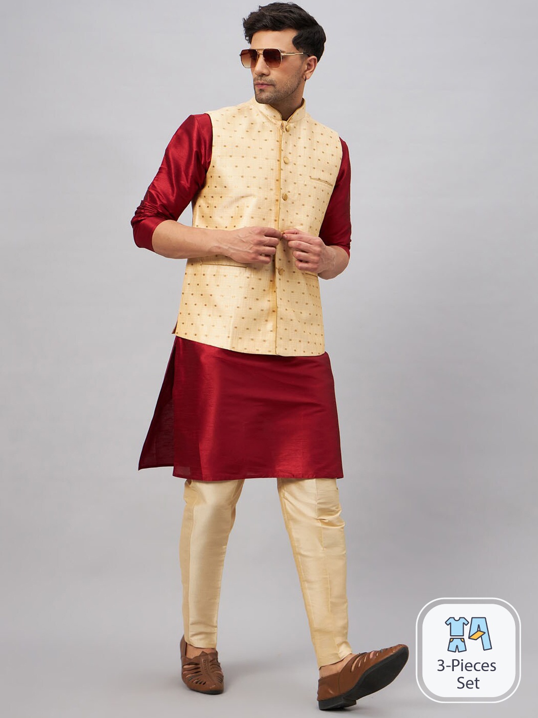 

VASTRAMAY Mandarin Collar Straight Kurta With Churidar & Woven Design Nehru Jacket, Maroon