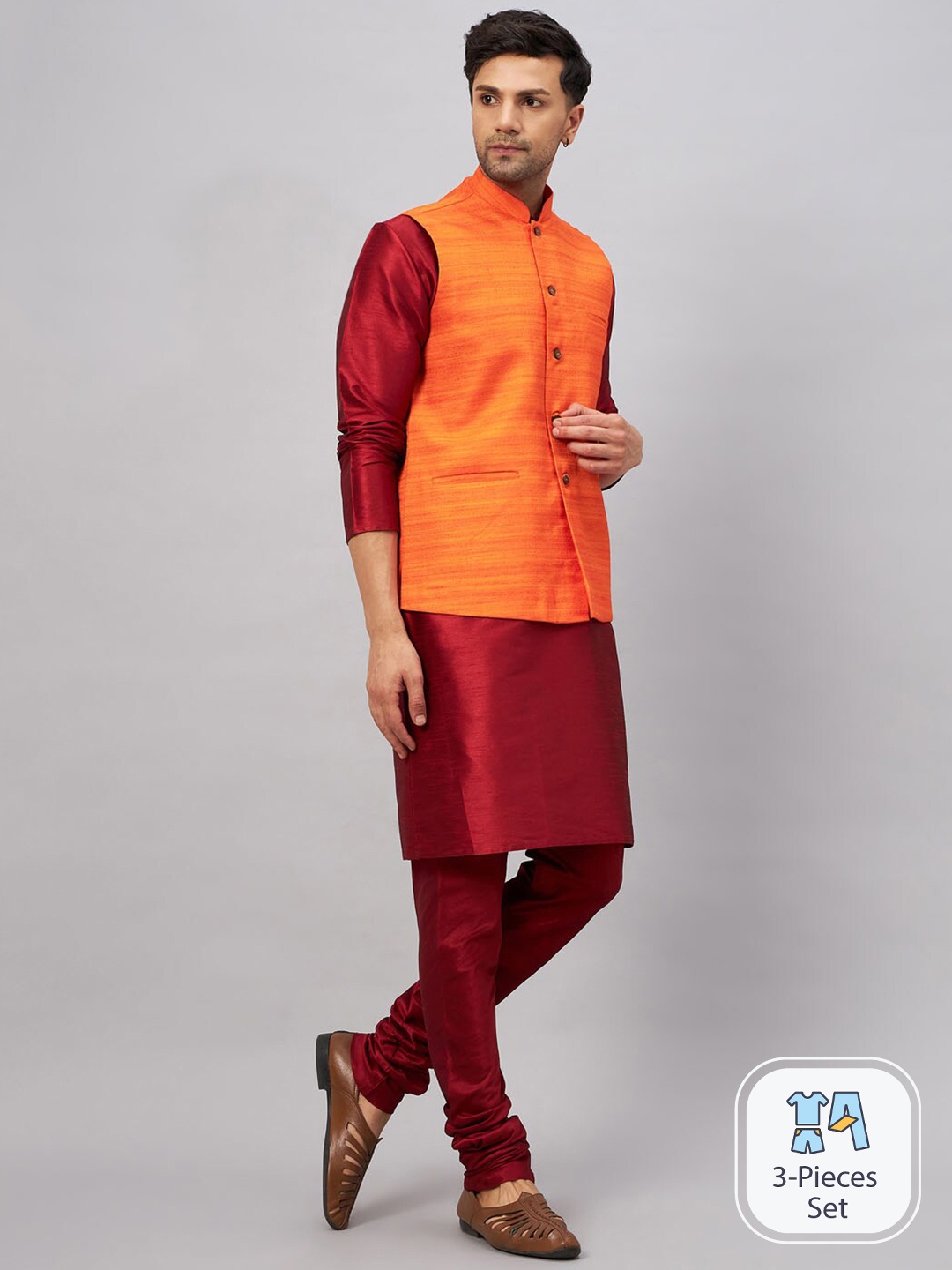 

VASTRAMAY Men Band Collar Regular Kurta With Churidar & Nehru Jacket, Maroon