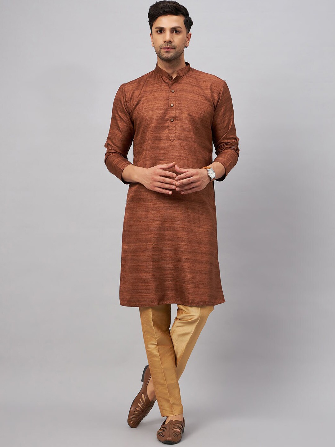 

VASTRAMAY Striped Kurta With Pyjamas, Coffee brown