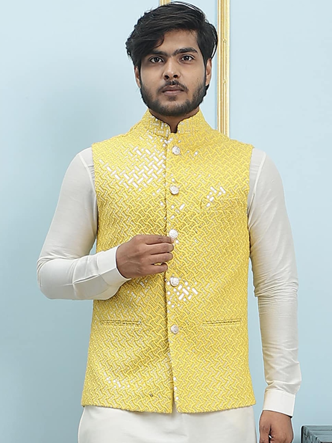 

See Designs Embroidered Sequined Slim-Fit Nehru Jacket, Yellow