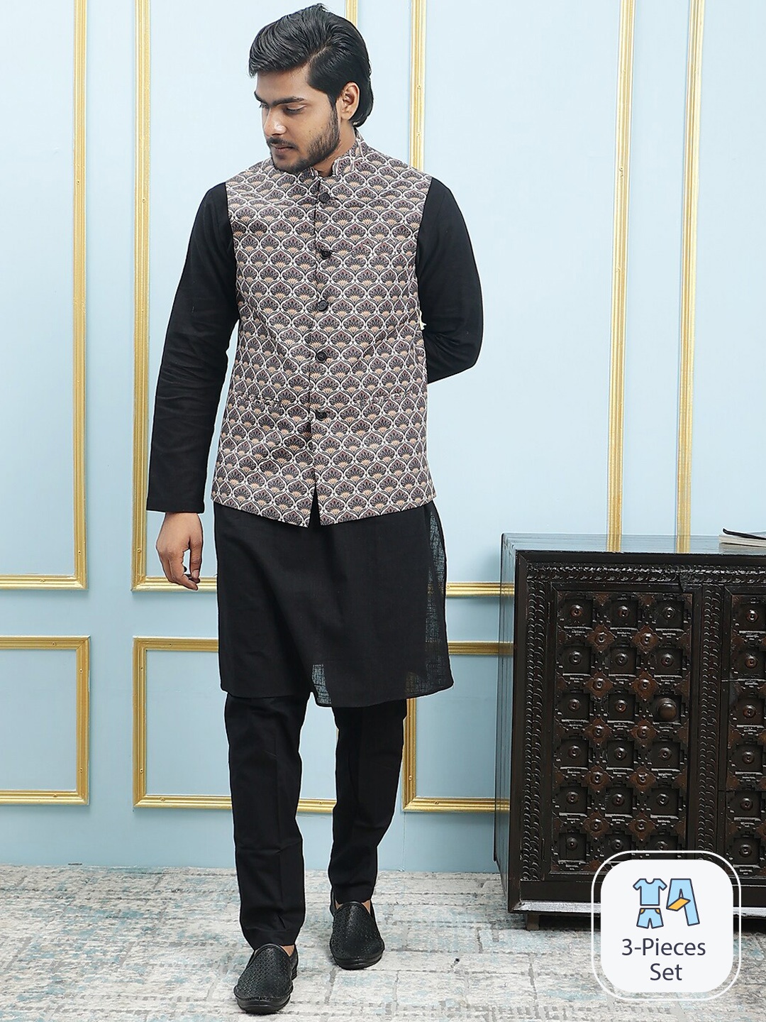 

See Designs Printed Pure Cotton Nehru Jackets, Black
