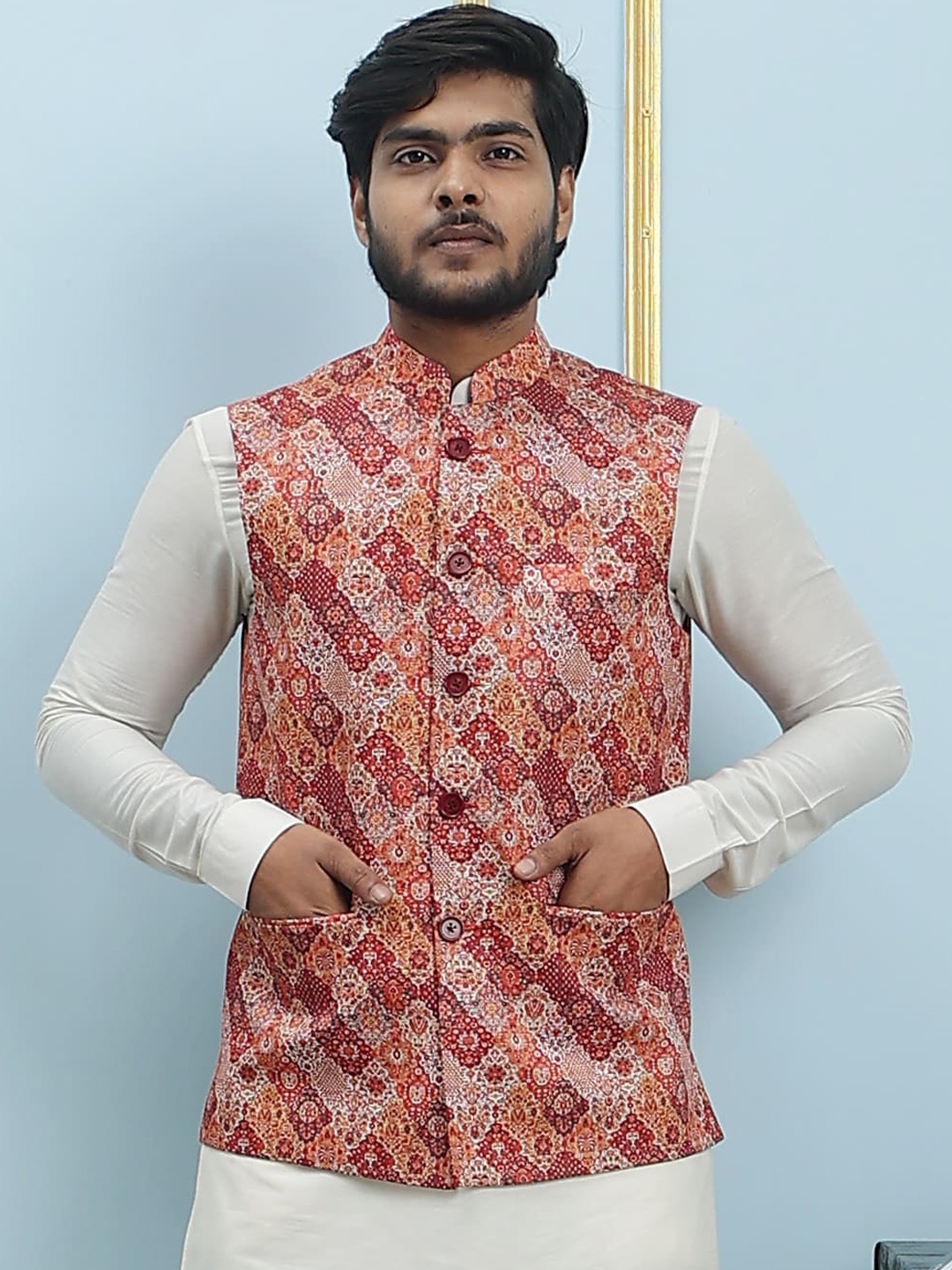 

See Designs Printed Pure Cotton Nehru Jackets, Maroon