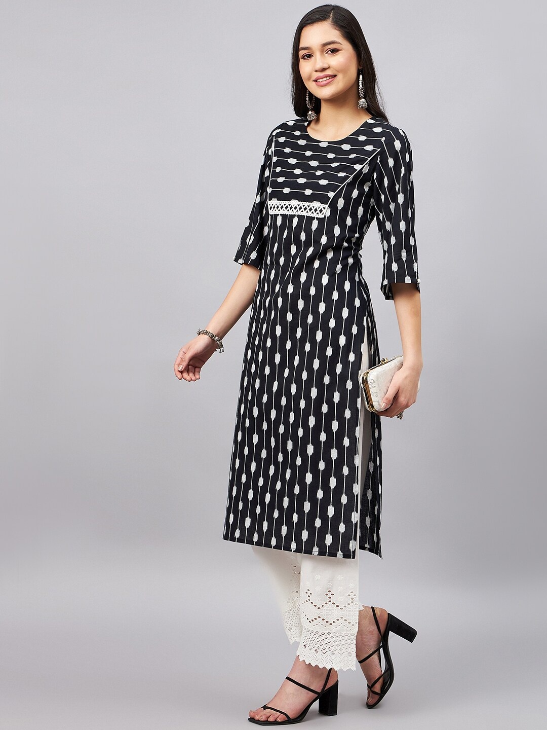 

WineRed Ikat Printed Pure Cotton Straight Kurta, Black