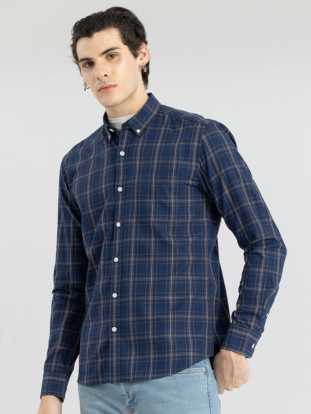 

Snitch Navy Blue Classic Slim Fit Tartan Checks Opaque Pure Cotton Casual Shirt
