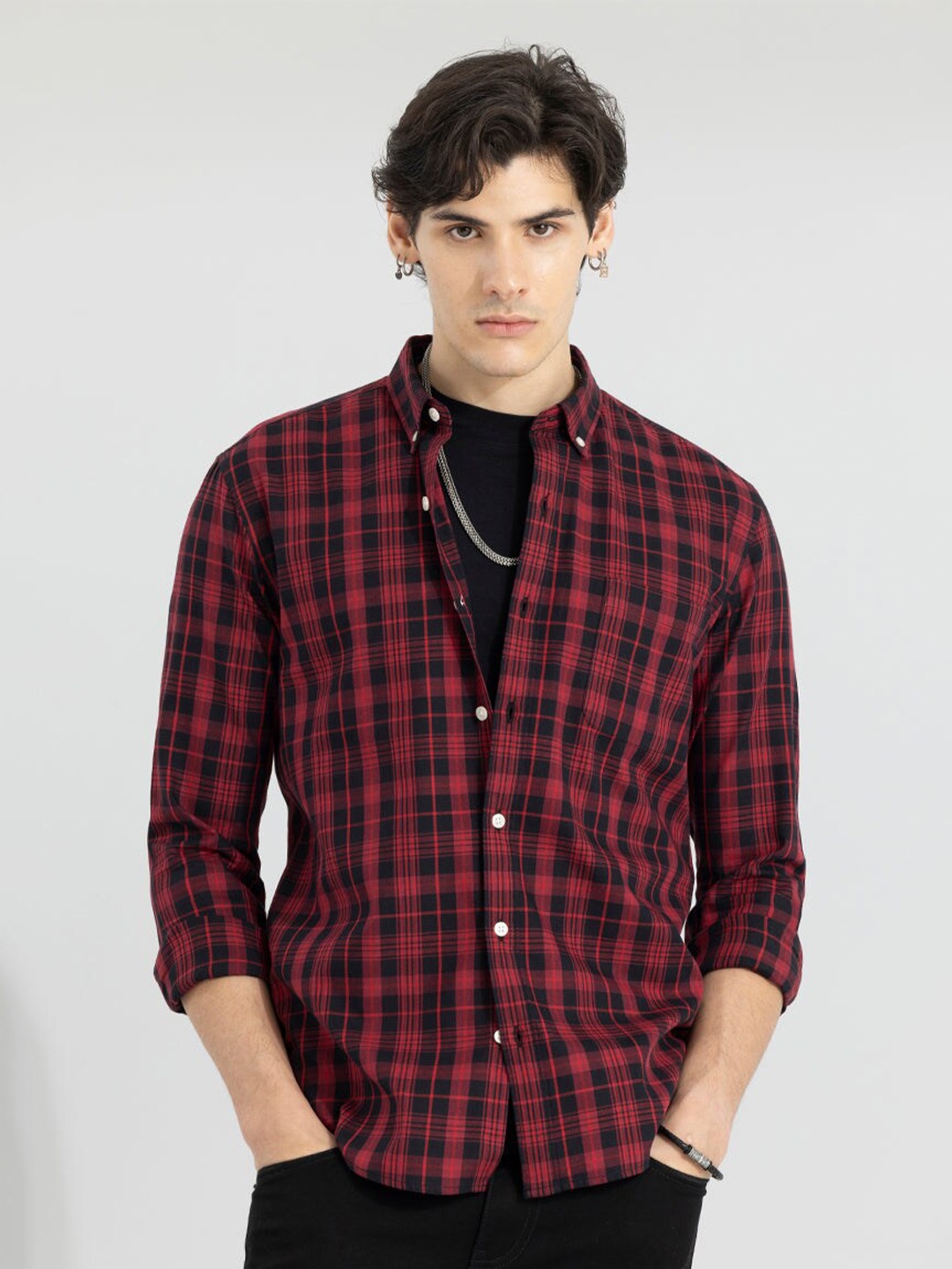 

Snitch Maroon & Black Classic Slim Fit Tartan Checked Casual Pure Cotton Shirt