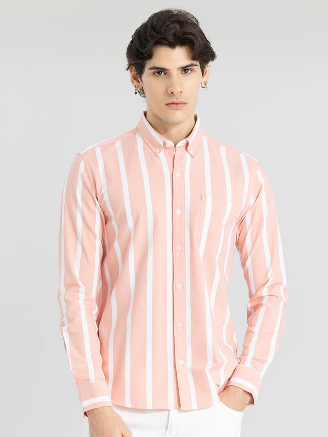 

Snitch Peach-Coloured & White Classic Slim Fit Striped Pure Cotton Shirt