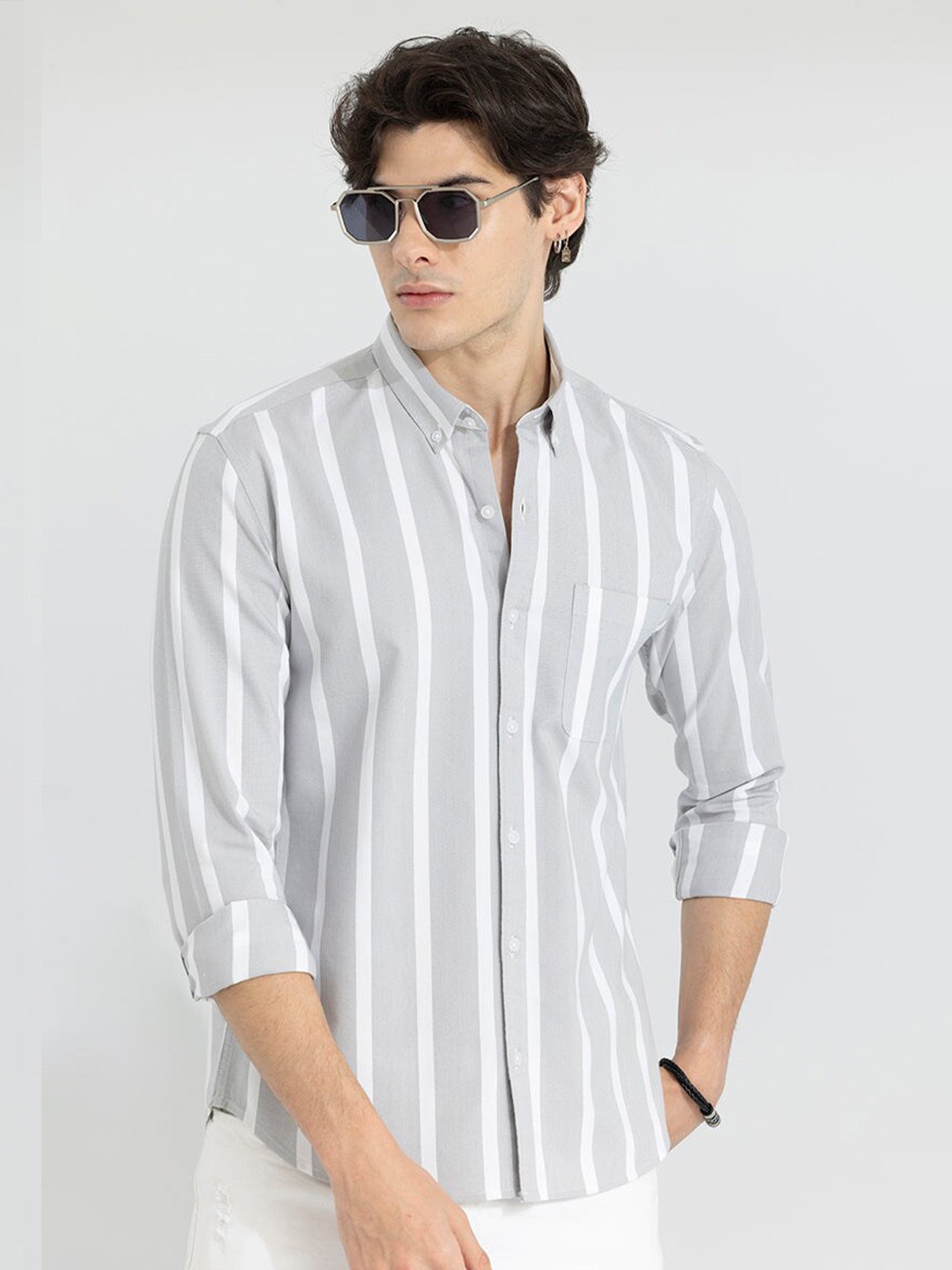 

Snitch Striped Classic Slim Fit Button-Down Collar Cotton Casual Shirt, Grey