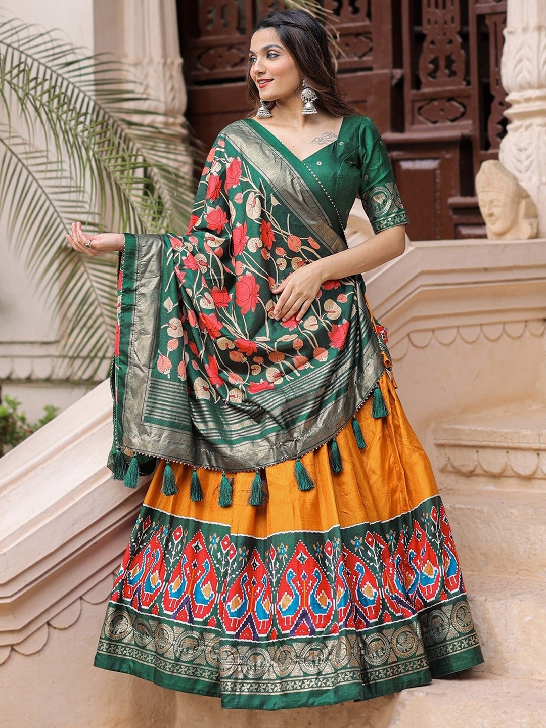 

UDBHAV TEXTILE Foil Printed Semi-Stitched Lehenga & Unstitched Blouse With Dupatta, Mustard