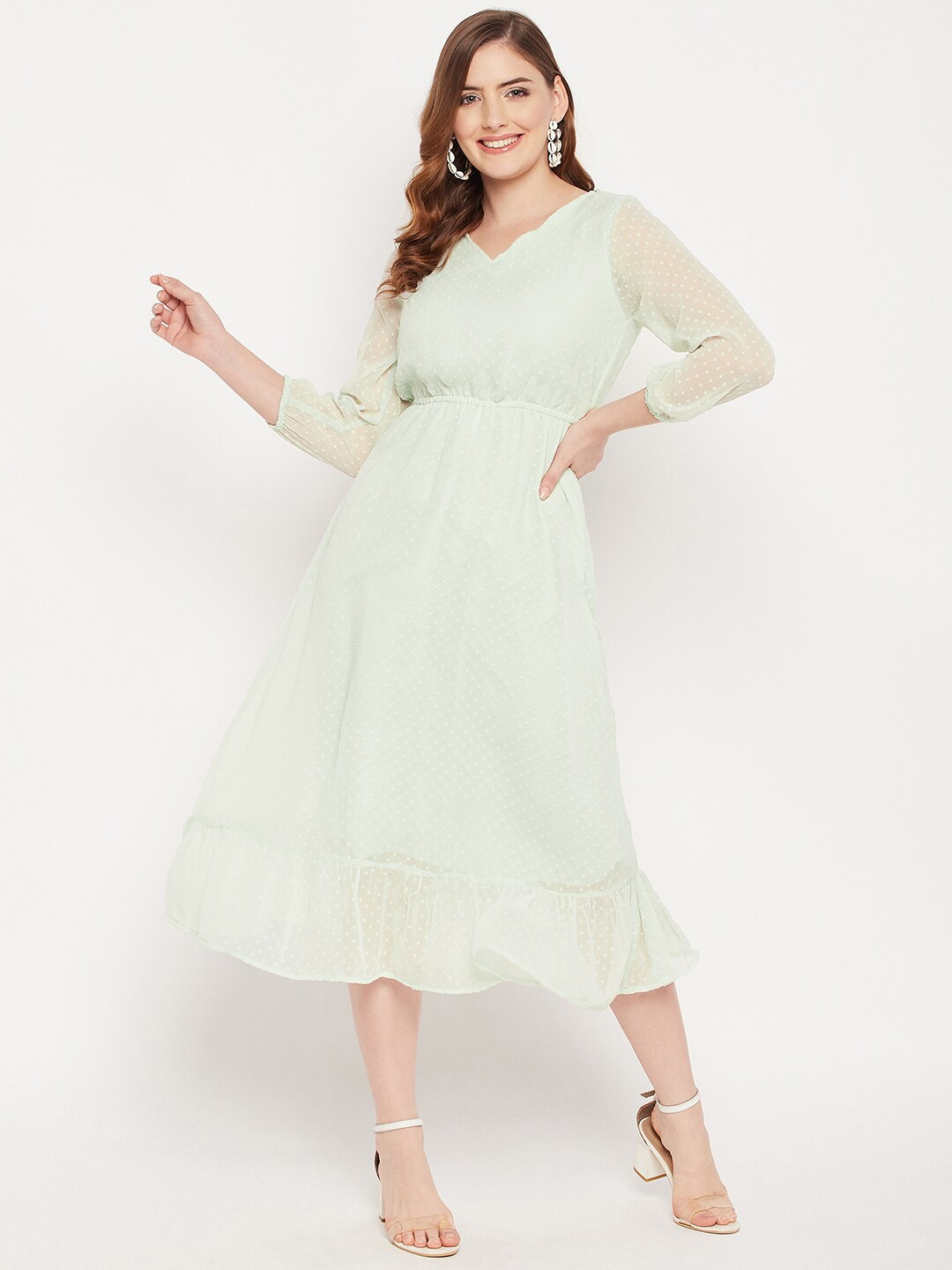 

STYLE BLUSH Self Designed V-Neck A-Line Midi Dress, Sea green