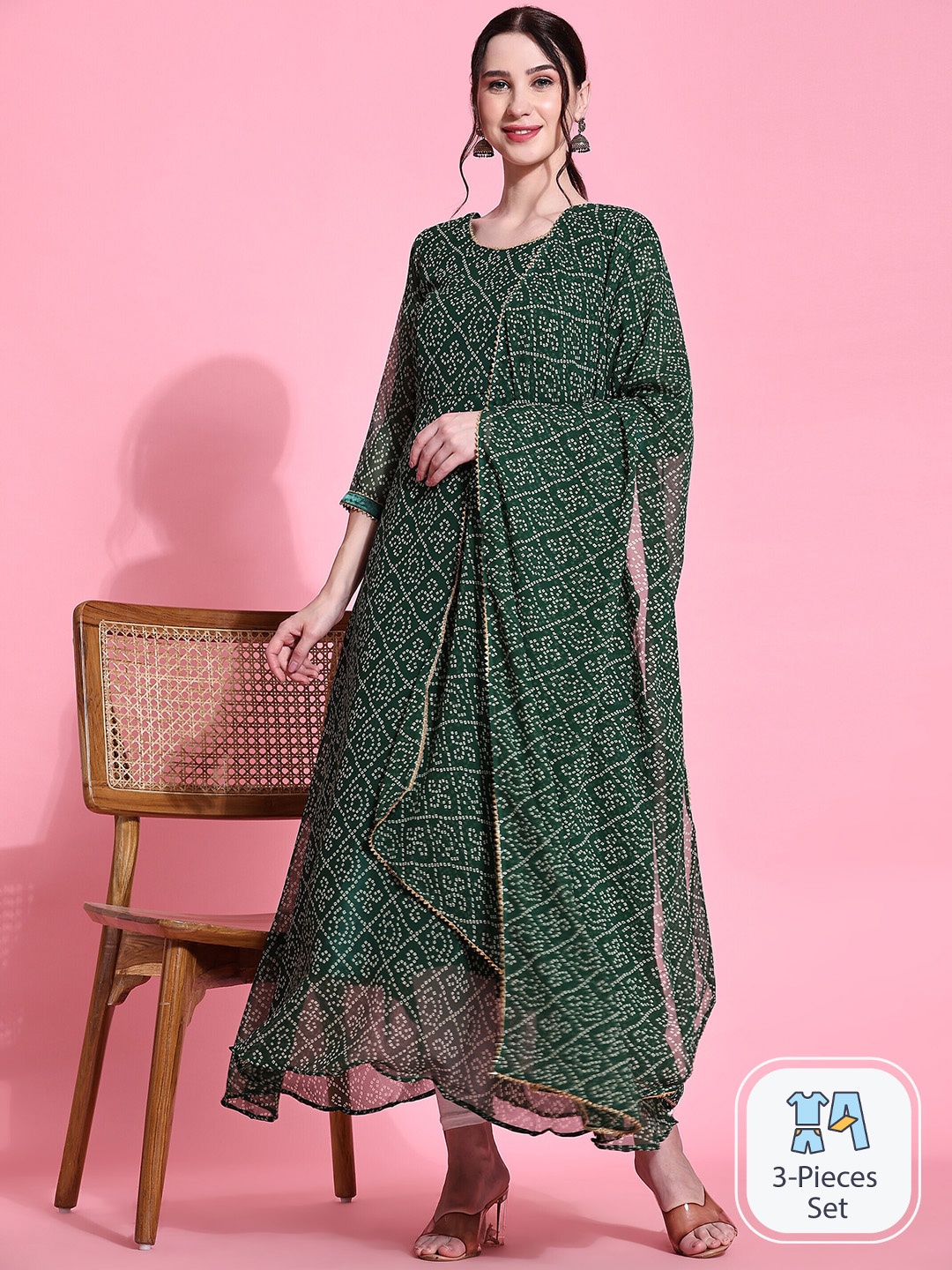 

Nimidiya Bandhani Printed A-Line Kurta With Dupatta, Green