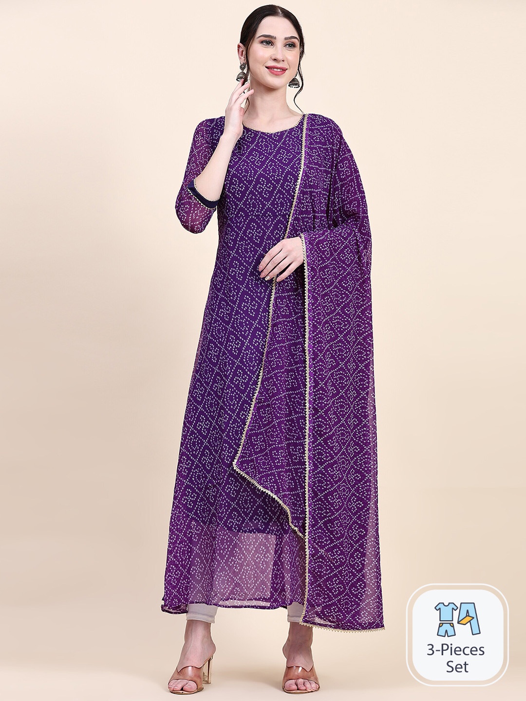 

Nimidiya Bandhani Printed Empire Style A-Line Kurta With Dupatta, Purple