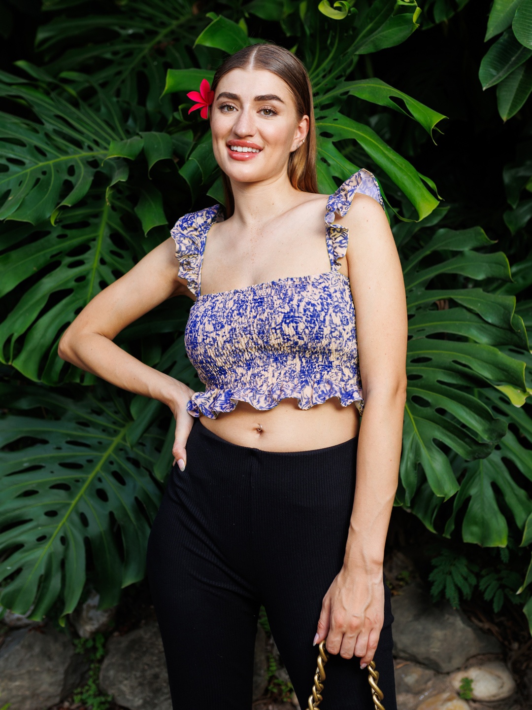 

Stylecast X Hersheinbox Printed Smocked detail Ruffles Crop Top, Blue