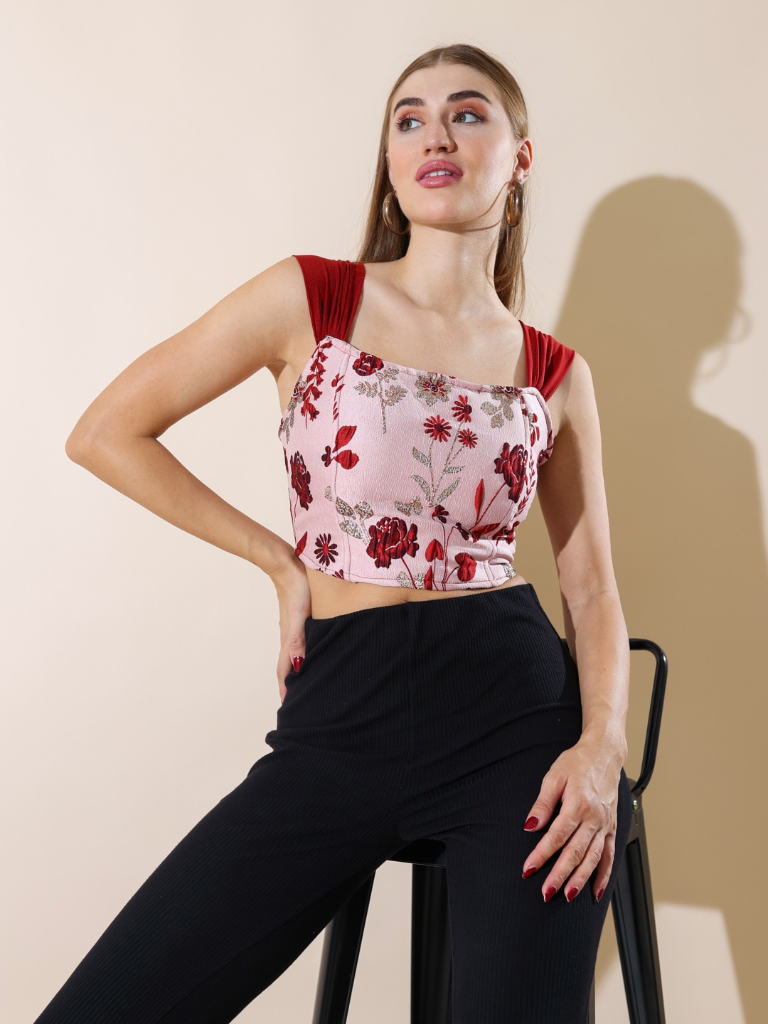 

Stylecast X Hersheinbox Floral Woven Design Shoulder Straps Crop Top, Pink