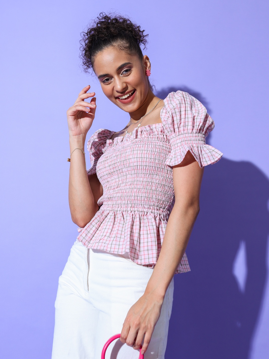 

Stylecast X Hersheinbox Checked Puff Sleeves Smocked Cotton Peplum Top, Pink