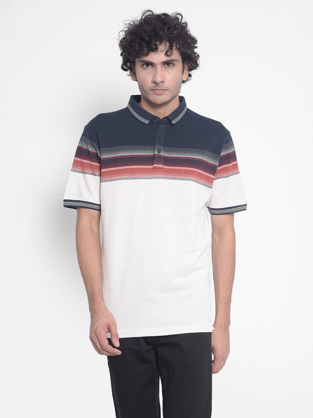 

Crimsoune Club Off White Colourblocked Polo Collar Slim Fit T-shirt