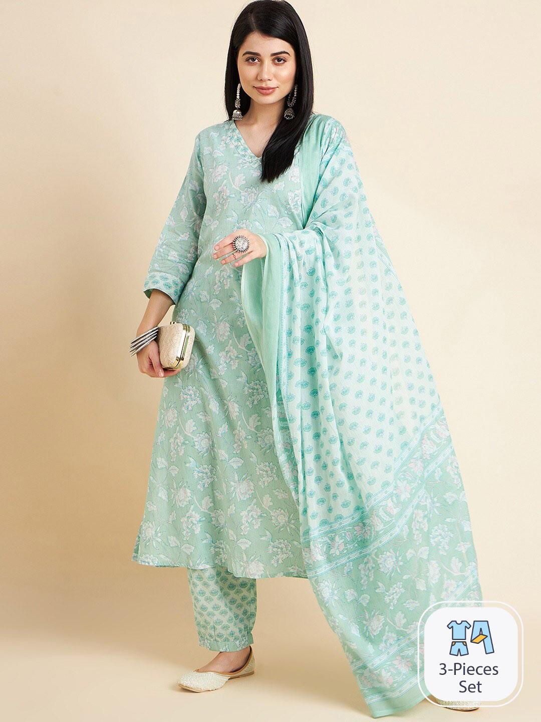

DIVYANK Sea Green Floral Printed Sequinned Pure Cotton Kurta With Trousers & Dupatta