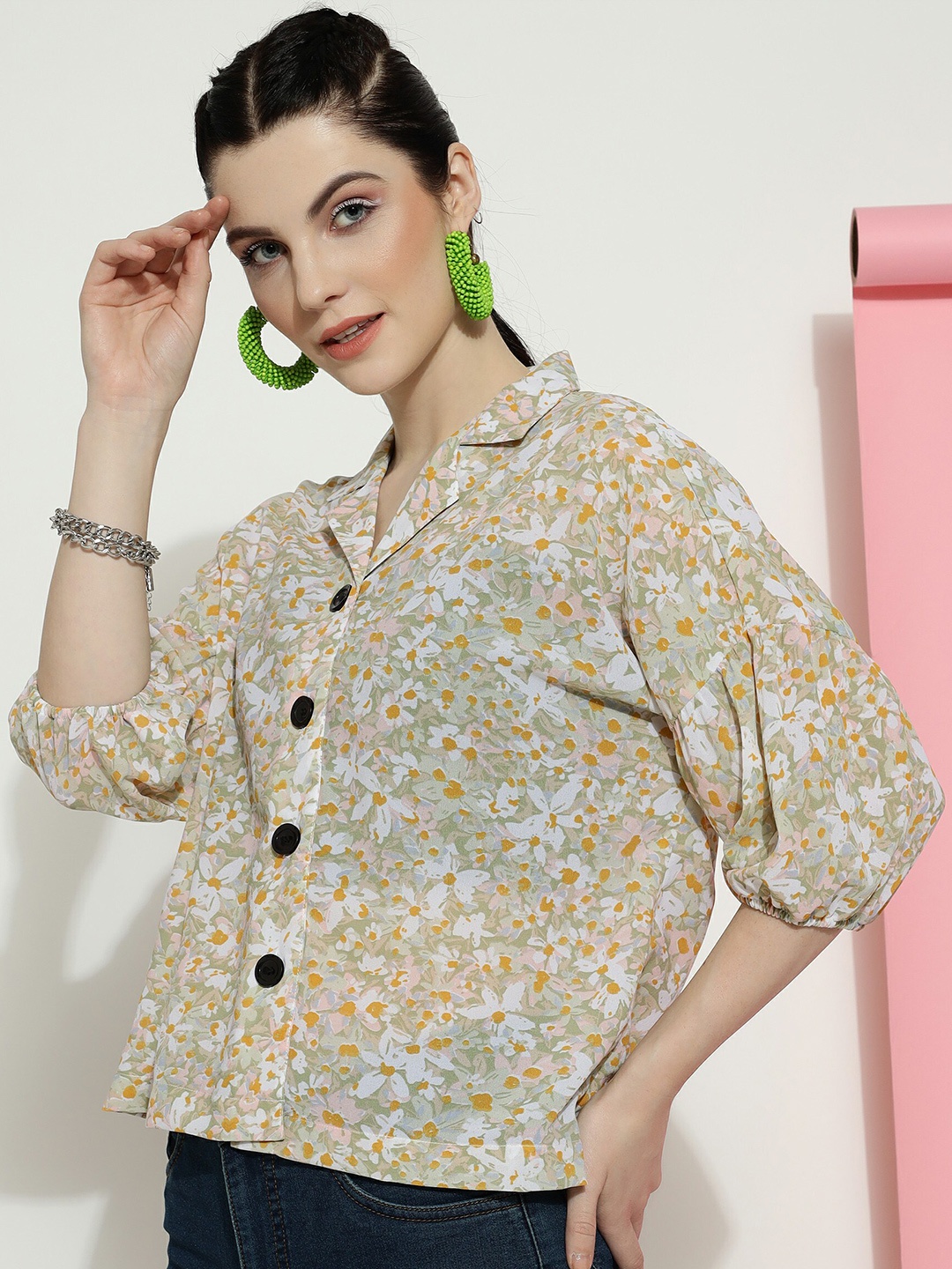 

CLEMIRA Floral Printed Extended Sleeves Shirt Style Top, Cream