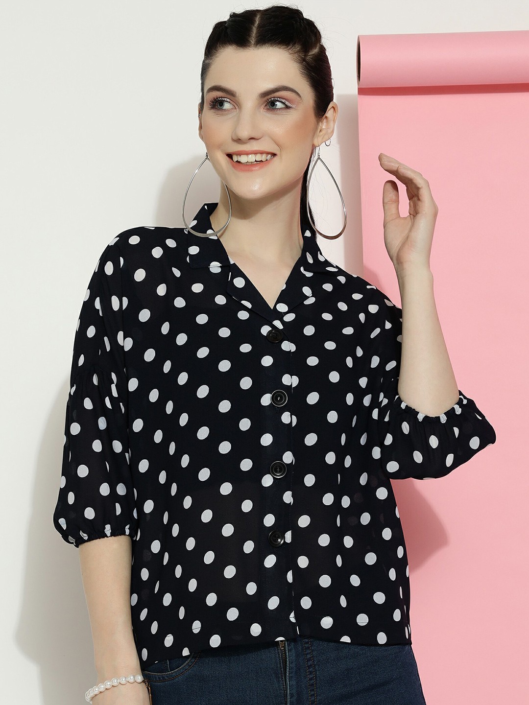 

CLEMIRA Polka Dot Printed Extended Sleeves Shirt Style Top, Black