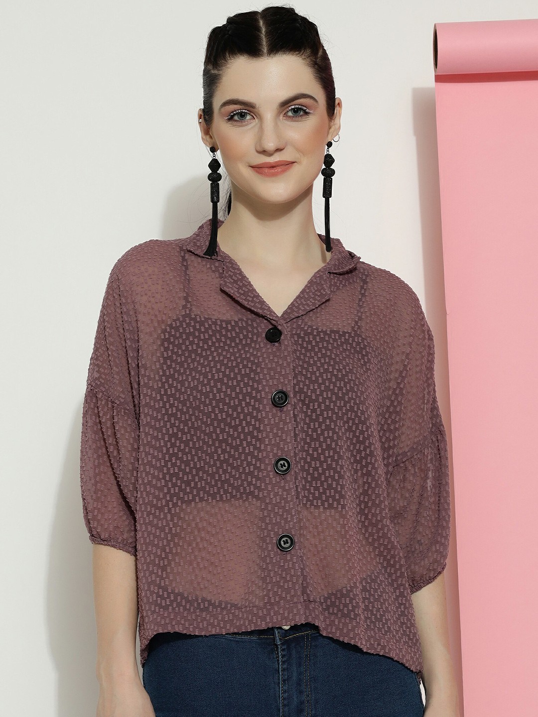 

CLEMIRA Self Design Shirt Collar Puff Sleeves Shirt Style Top, Coffee brown