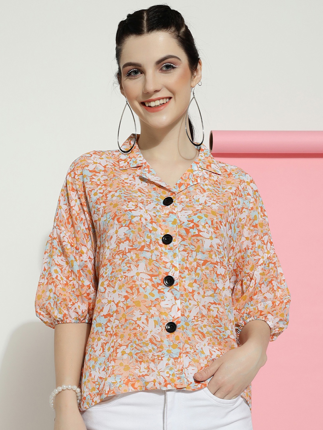 

CLEMIRA Floral Printed Shirt Collar Puff Sleeves Shirt Style Top, Orange
