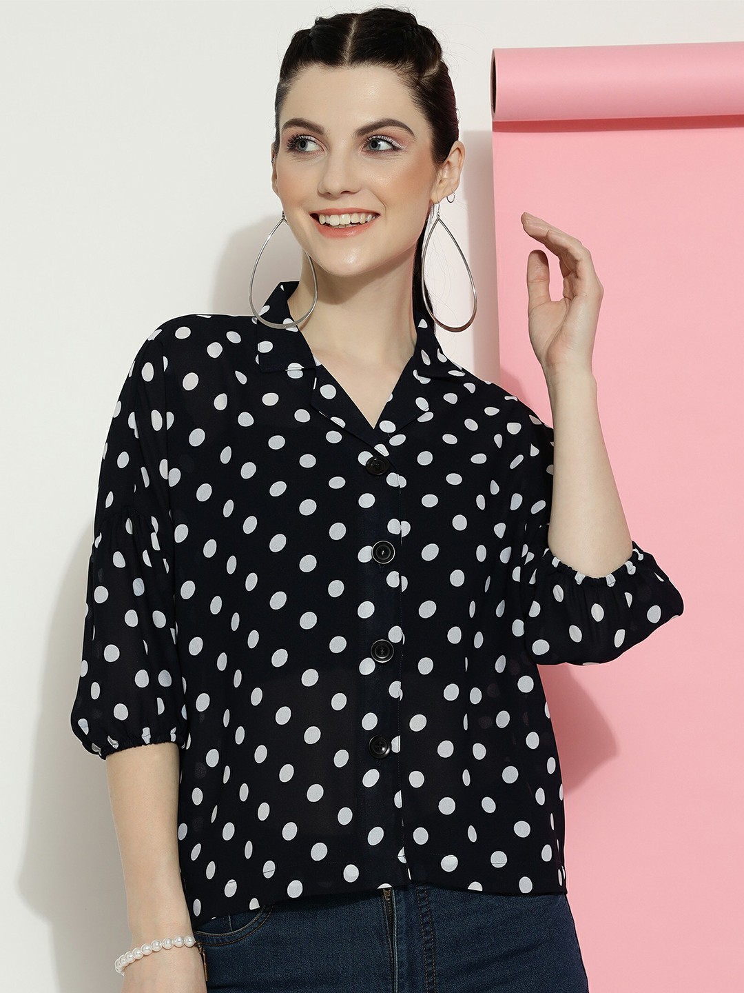 

CLEMIRA Polka Dot Printed Extended Sleeves Shirt Style Top, Black
