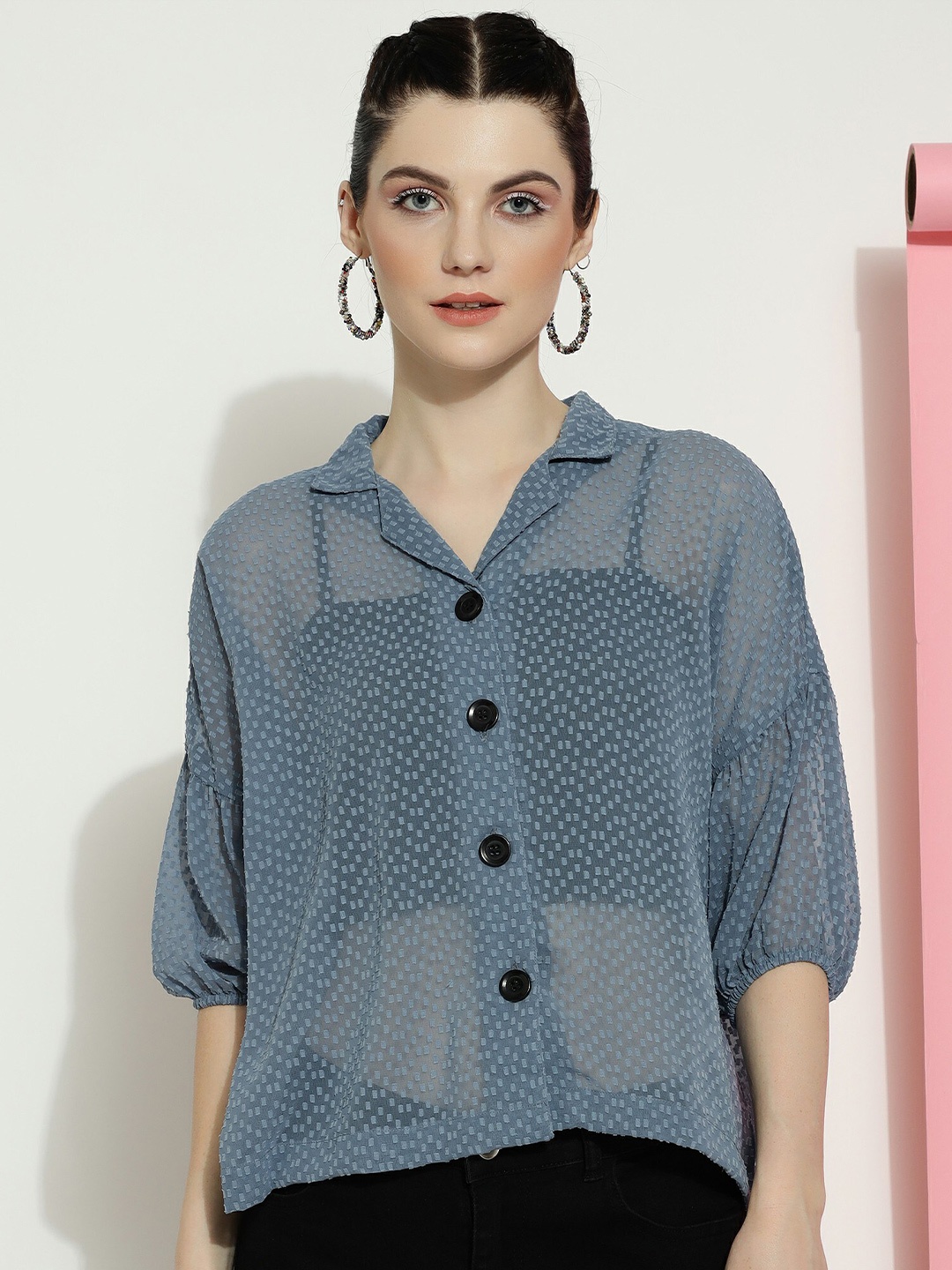 

CLEMIRA Self Design Shirt Collar Puff Sleeves Shirt Style Top, Blue