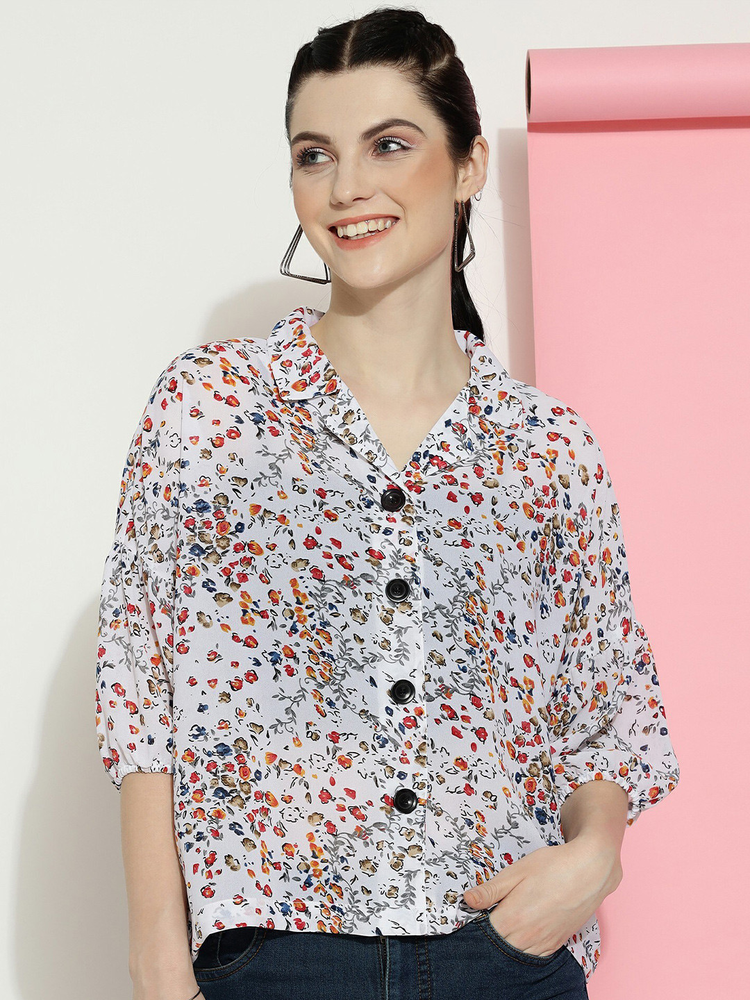 

CLEMIRA Floral Printed Shirt Collar Shirt Style Top, White