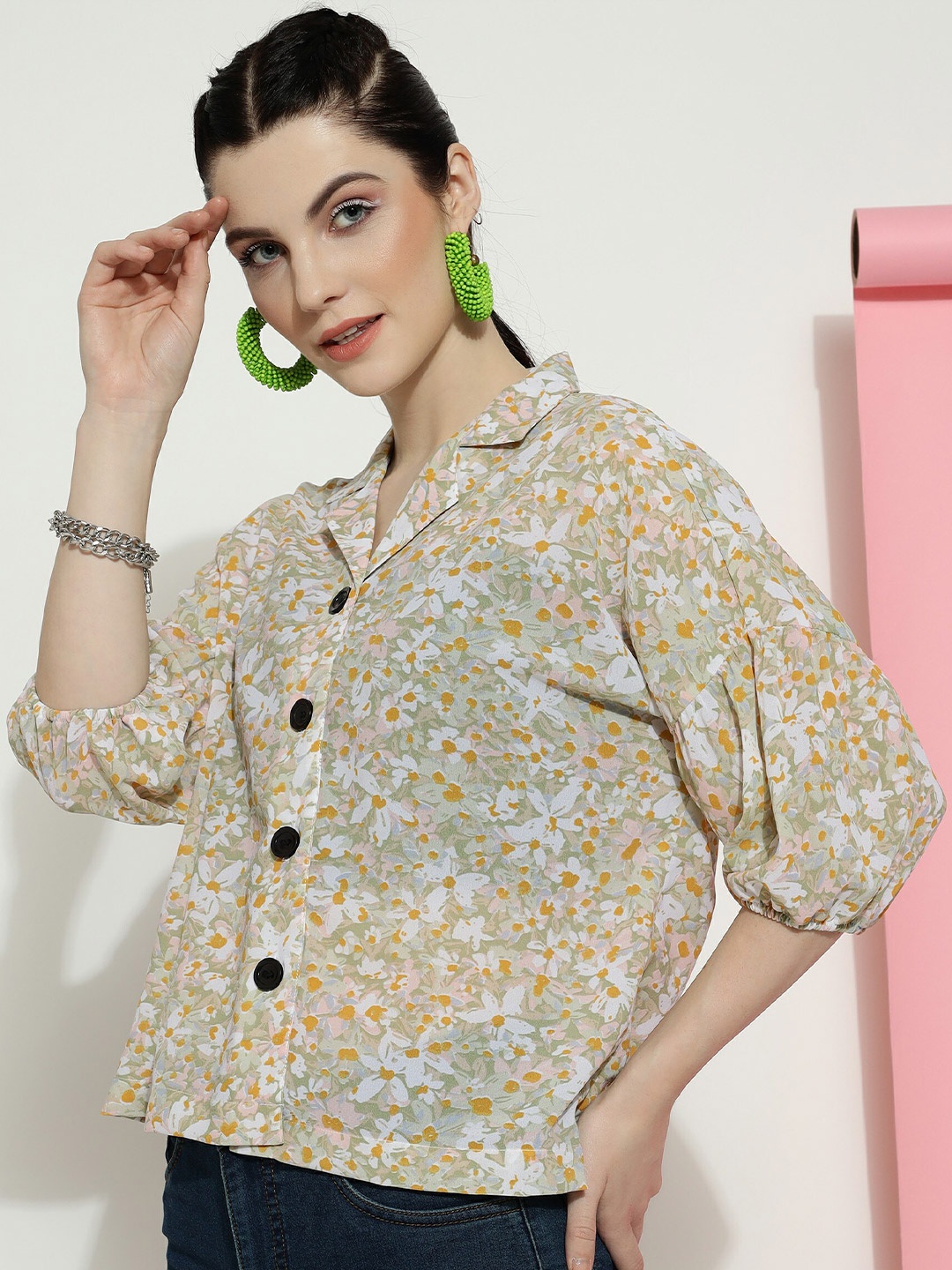 

CLEMIRA Floral Printed Shirt Style Top, Cream