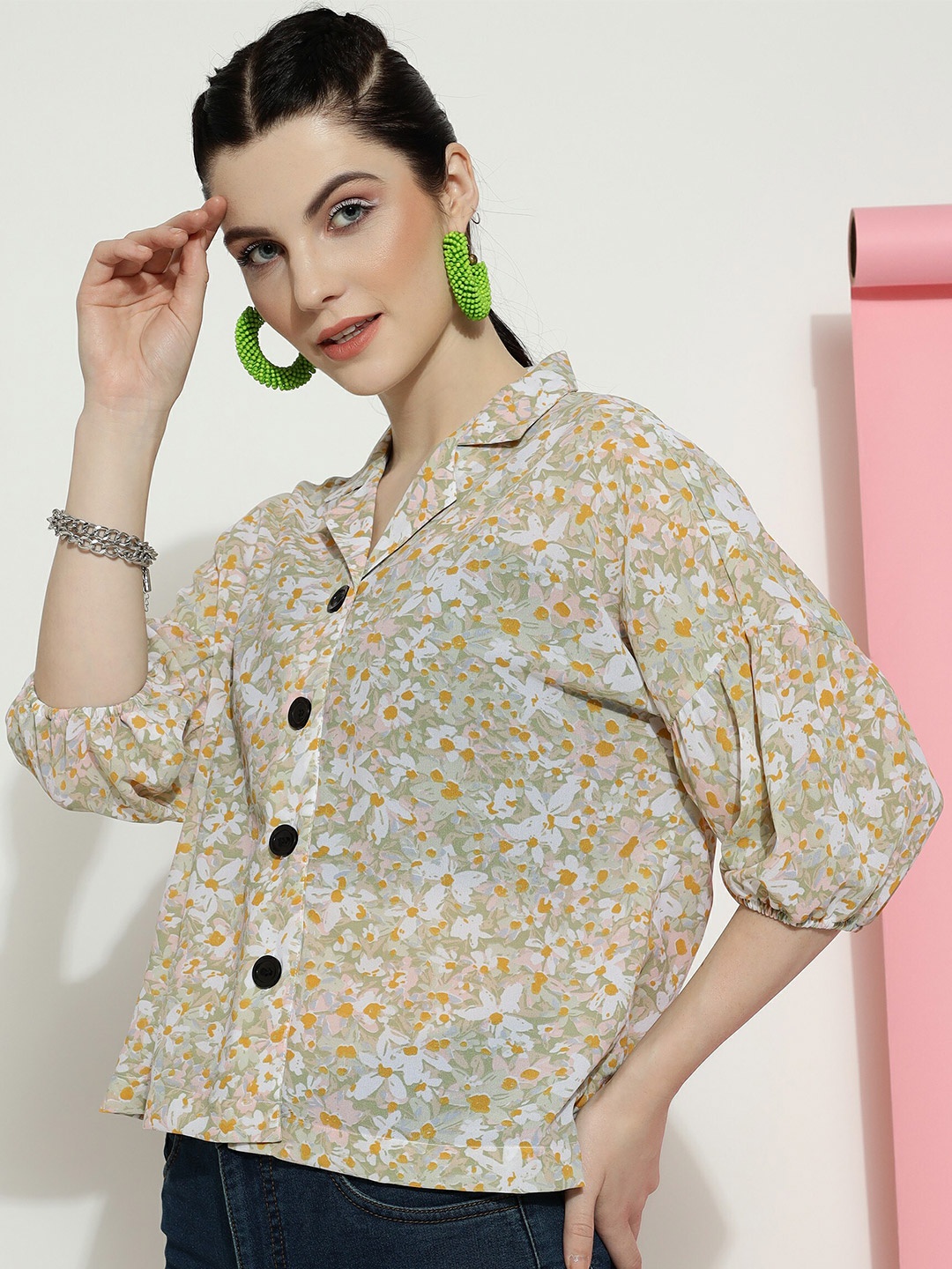 CLEMIRA Floral Printed Extended Sleeves Shirt Style Top, Cream