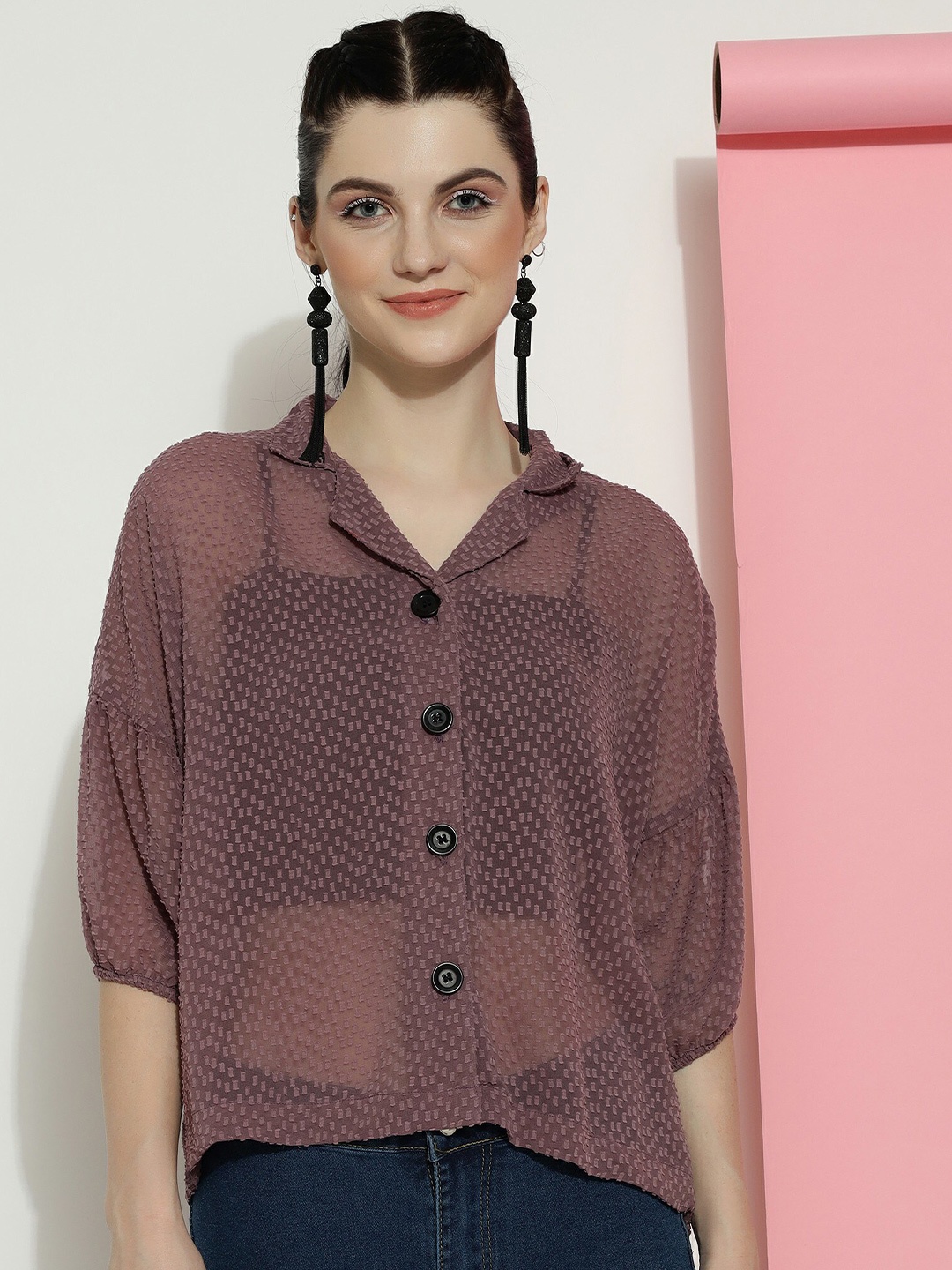 

CLEMIRA Self Design Shirt Style Top, Coffee brown