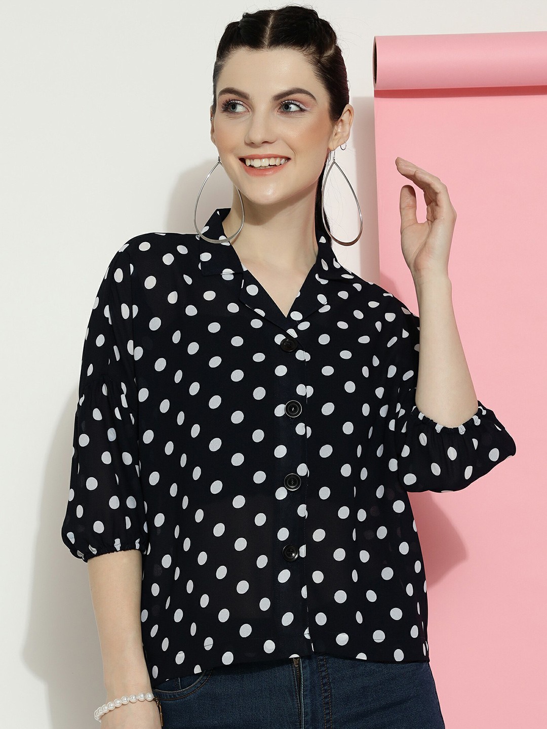 

CLEMIRA Polka Dot Printed Shirt Collar Shirt Style Top, Black
