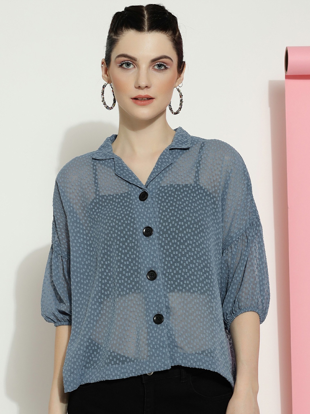 

CLEMIRA Self Design Shirt Style Top, Blue