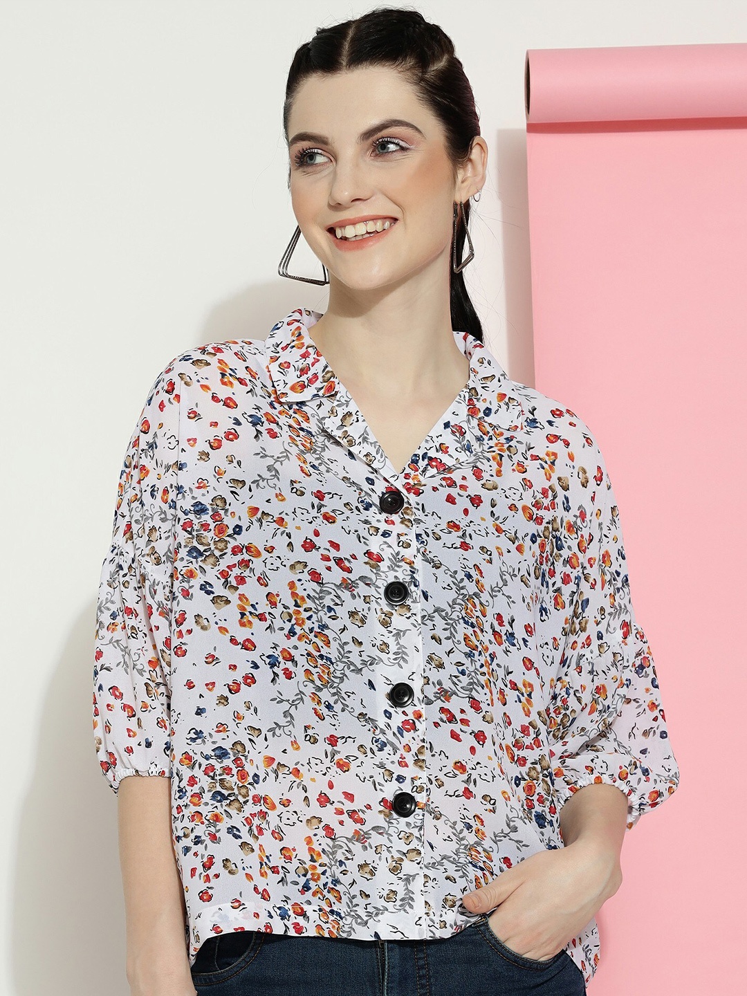 

CLEMIRA Floral Printed Shirt Collar Shirt Style Top, White