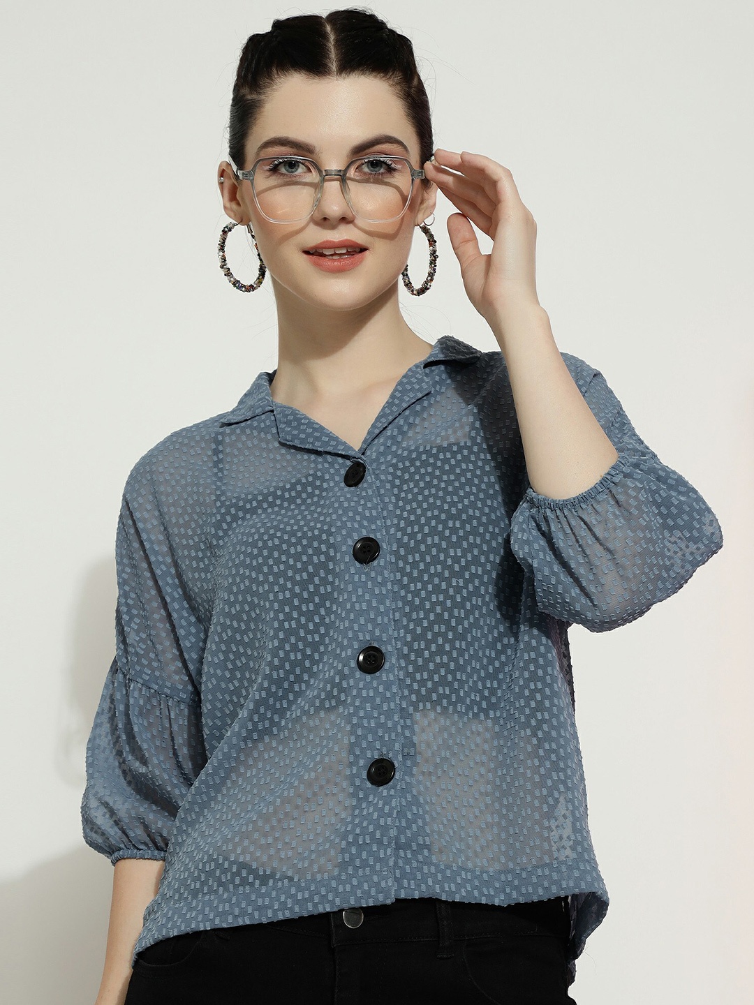 

CLEMIRA Geometric Print Extended Sleeves Shirt Style Top, Blue